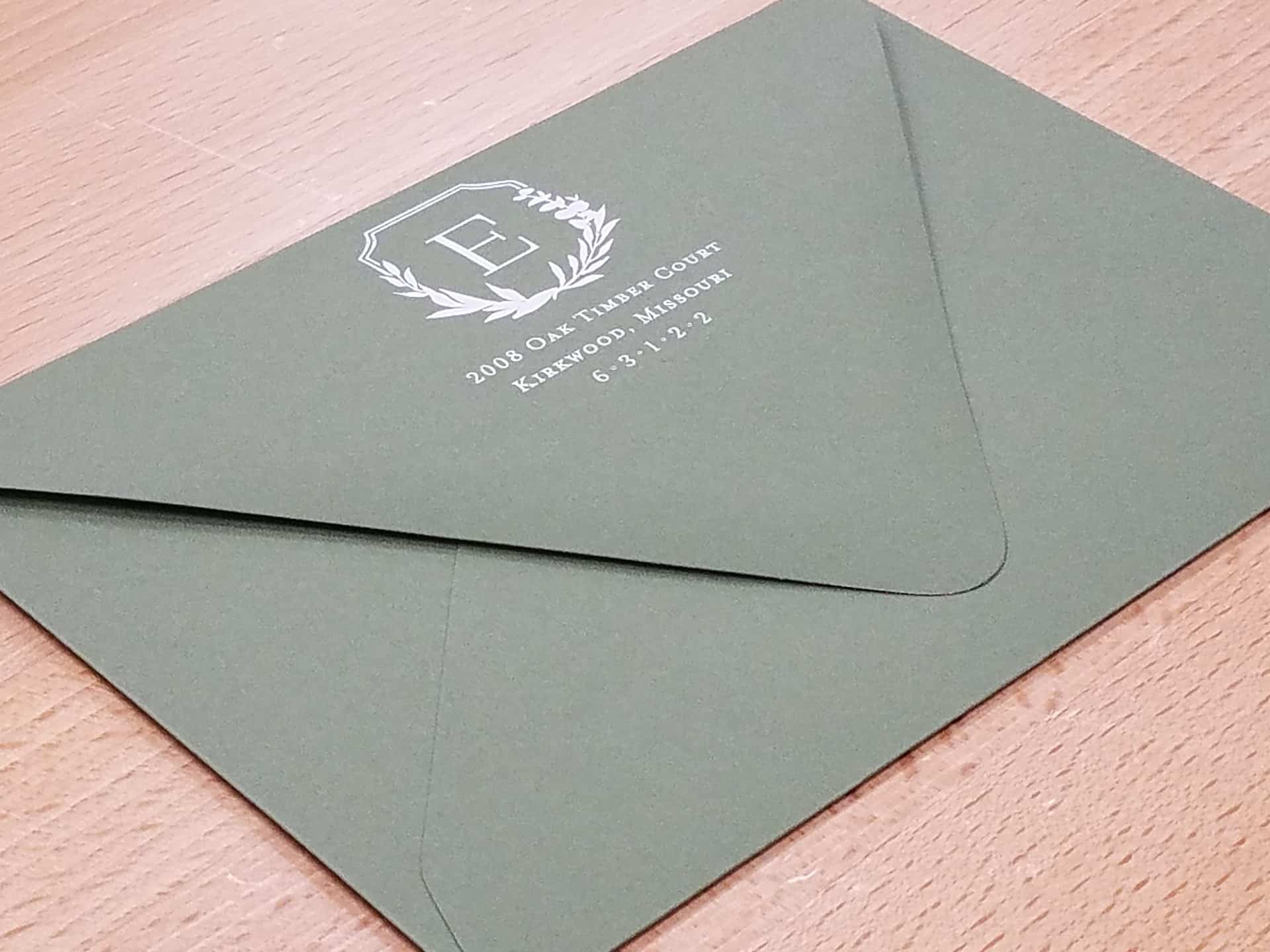 Embossed + white ink print on extra thick sage green cardstock— designed by  our bride & printed by/cy 〰️